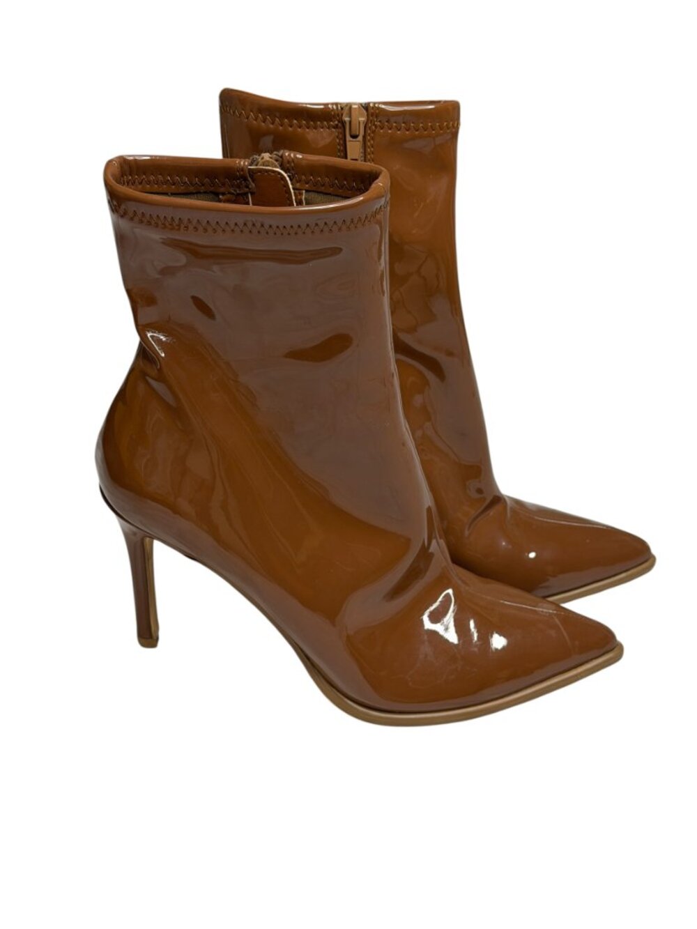 Steve Madden Petraz Faux Patent Leather Stilleto Heel Boots Cognac Brown 7.5